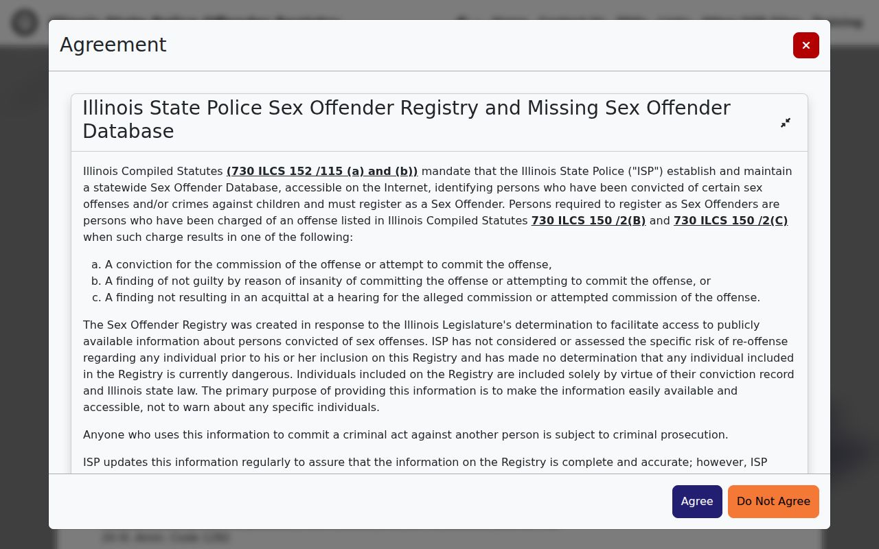 Illinois State Police registry disclaimer used with Wheeling name research