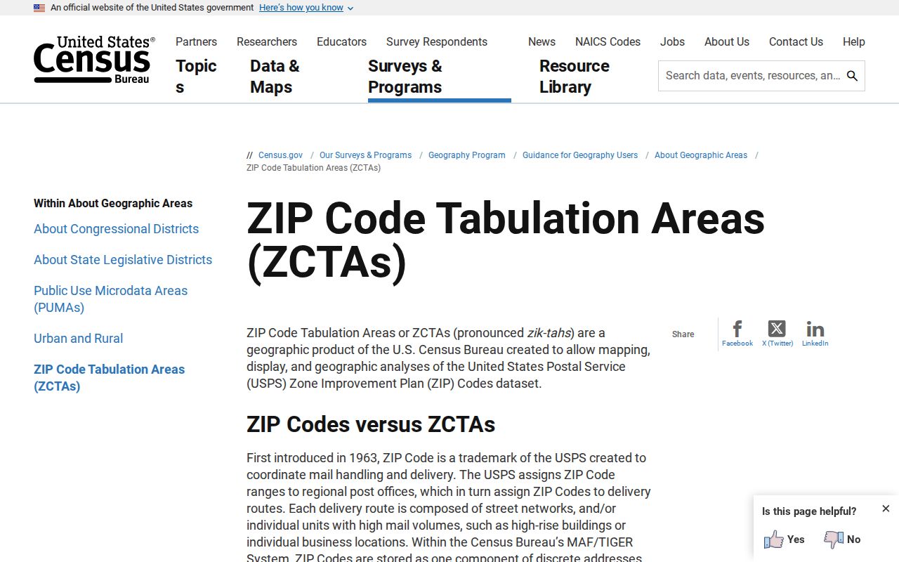 Census Bureau guidance distinguishing ZIP codes and ZCTAs for Wheeling research